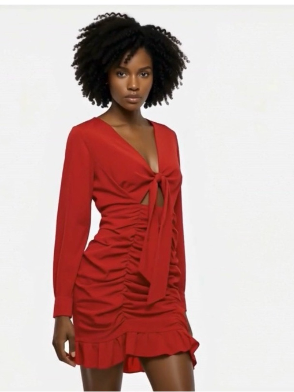 ChicMe red ruched tie-front mini dress with long sleeves